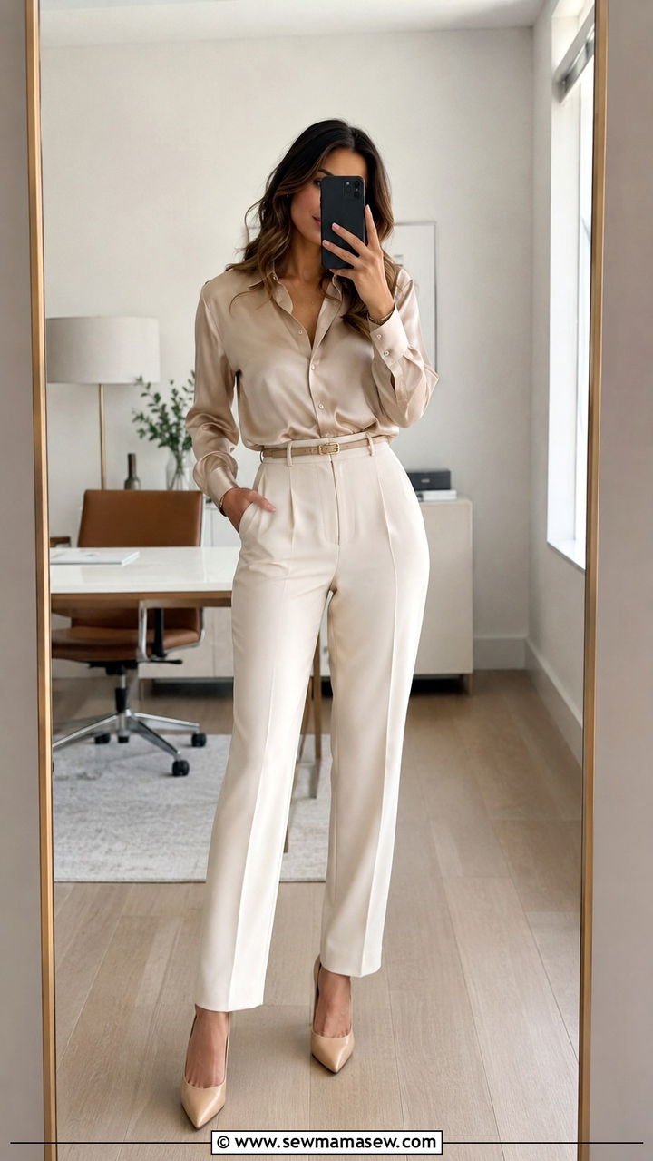 High Waisted Trousers With Silk Blouse - 20 work outfits for hourglass body