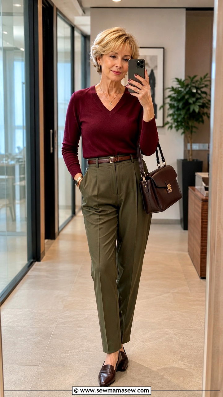 High Waisted Trousers With a V Neck Sweater - 30 Petite outfits for women over 50