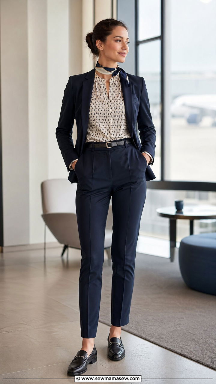 High Waisted Trousers and Patterned Blouse - 35 Flight attendant outfit ideas