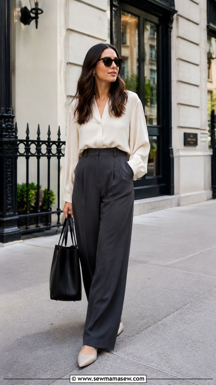 High Waisted Trousers with Flowy Blouse - 25 Outfits to hide belly fat