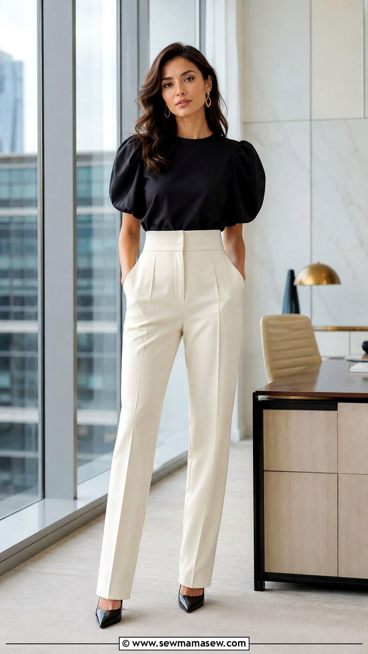 High Waisted Trousers with Puff Sleeve Top - 25 Outfit ideas for narrow hips