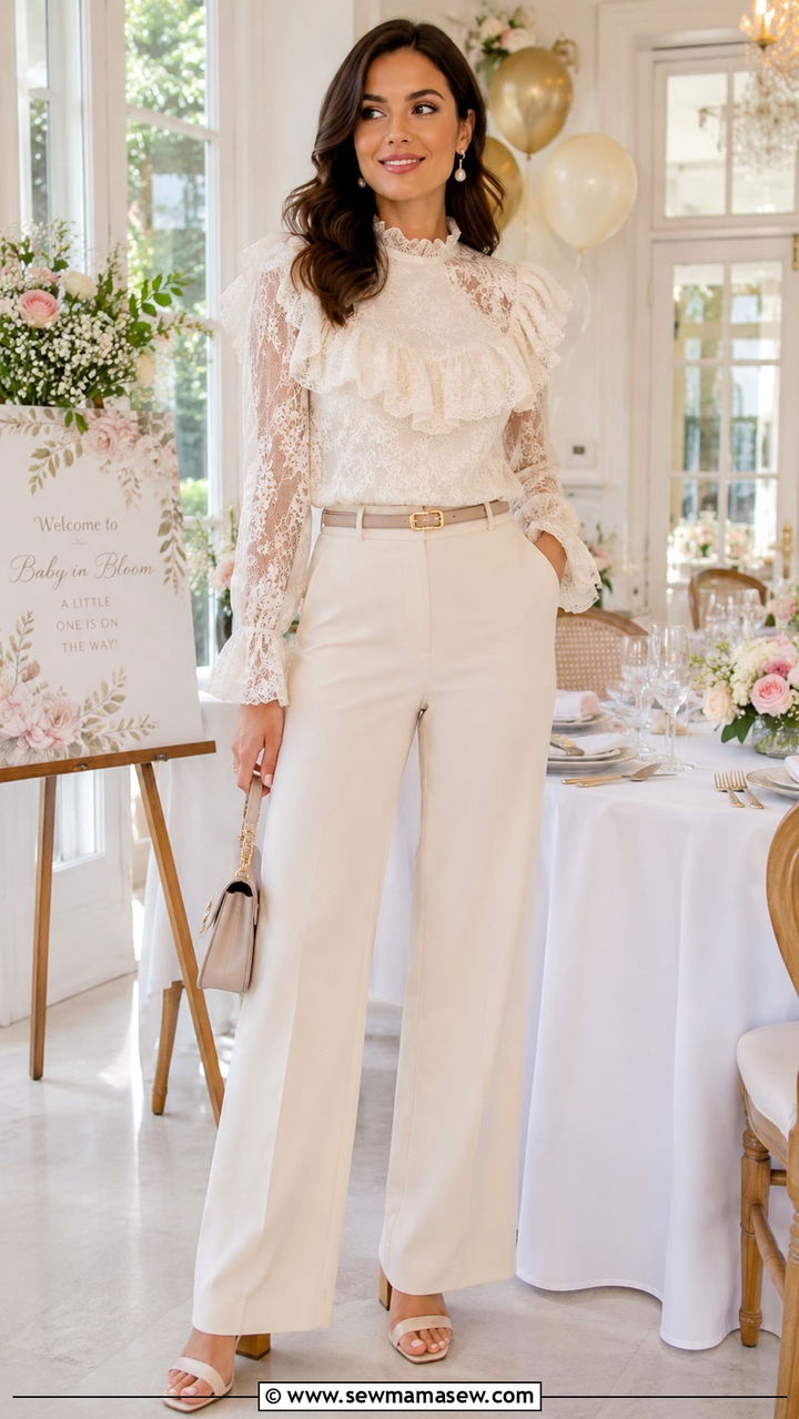 High Waisted Trousers with Ruffled Blouse - 25 Baby shower brunch outfit ideas