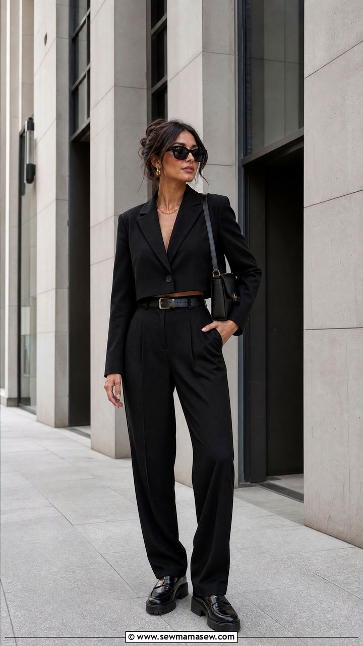 High Waisted Trousers with a Cropped Blazer and Leather Loafers - 25 work outfits Pinterest