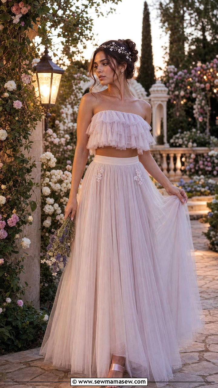 High Waisted Tulle Maxi Skirt With Ruffled Tube Top - 25 summer fairycore outfit ideas