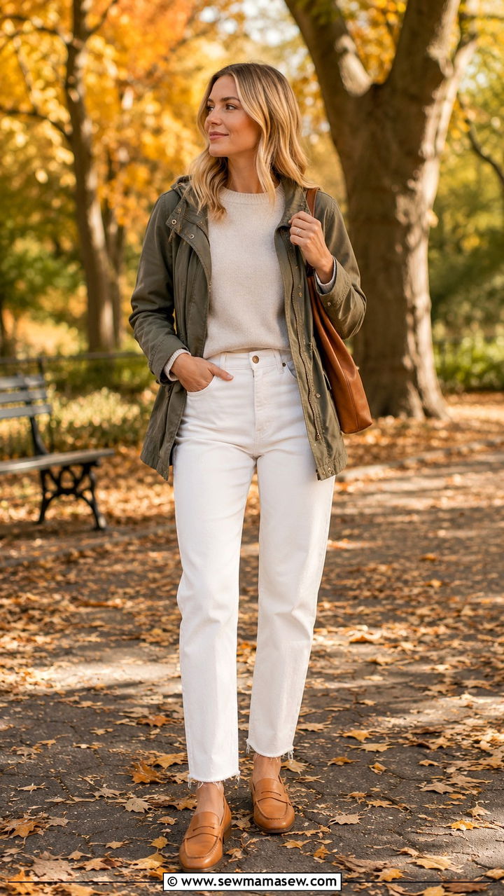 High Waisted White Jeans With Tan Loafers - 30 High waisted jeans outfit ideas with flats
