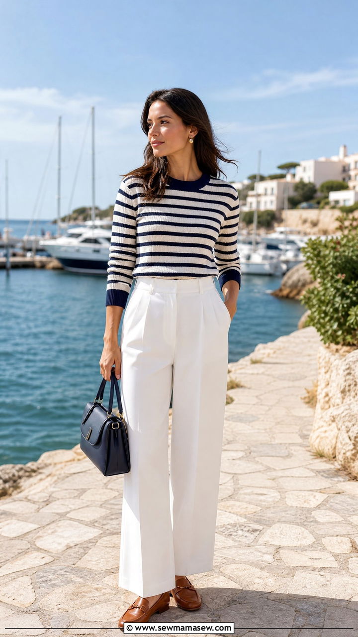 High Waisted White Trousers With A Striped Knit Top And Loafers - 40 Spring outfit ideas