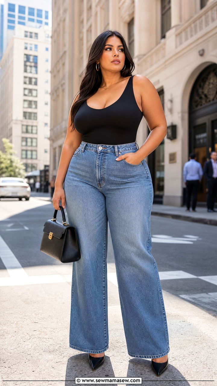 High Waisted Wide Leg Jeans With Bodysuit - 30 curvy outfit ideas for women