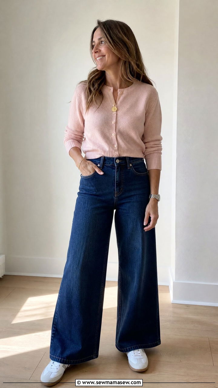 High Waisted Wide Leg Jeans With Cropped Cardigan - 35 jeans outfits for women over 40