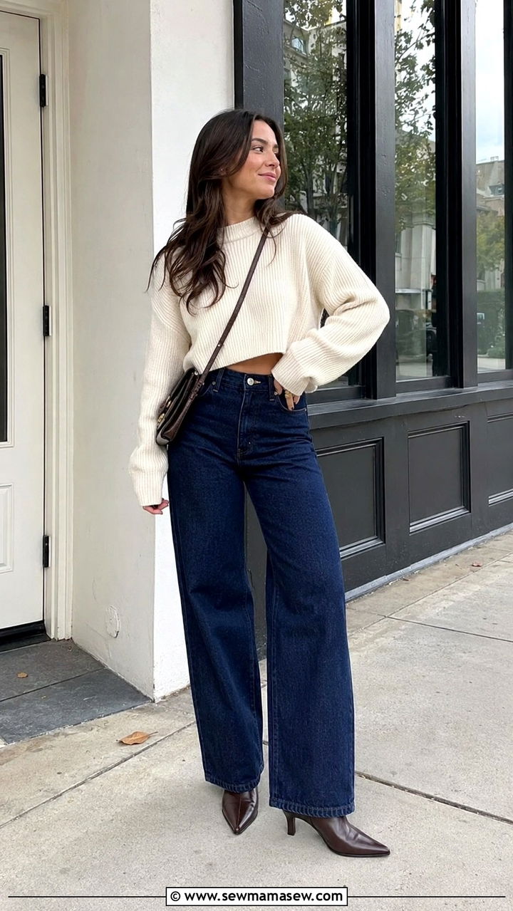 High Waisted Wide Leg Jeans With Cropped Sweater - 30 Petite outfit ideas to create a longer silhouette