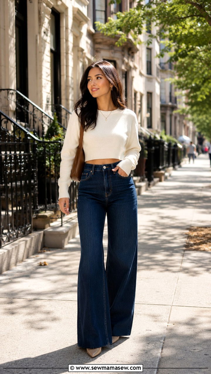 High Waisted Wide Leg Jeans With Cropped Sweater - 30 Petite aesthetic outfit ideas