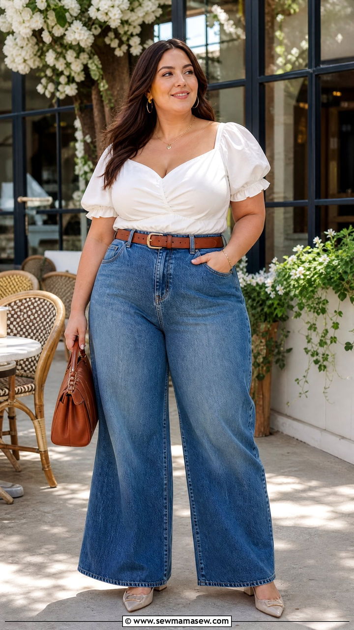 High Waisted Wide Leg Jeans With Puff Sleeve Top - 30 Plus size outfit ideas 2026