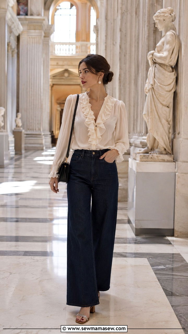 High Waisted Wide Leg Jeans With Ruffled Blouse And Block Heels - 30 spring museum day outfit ideas