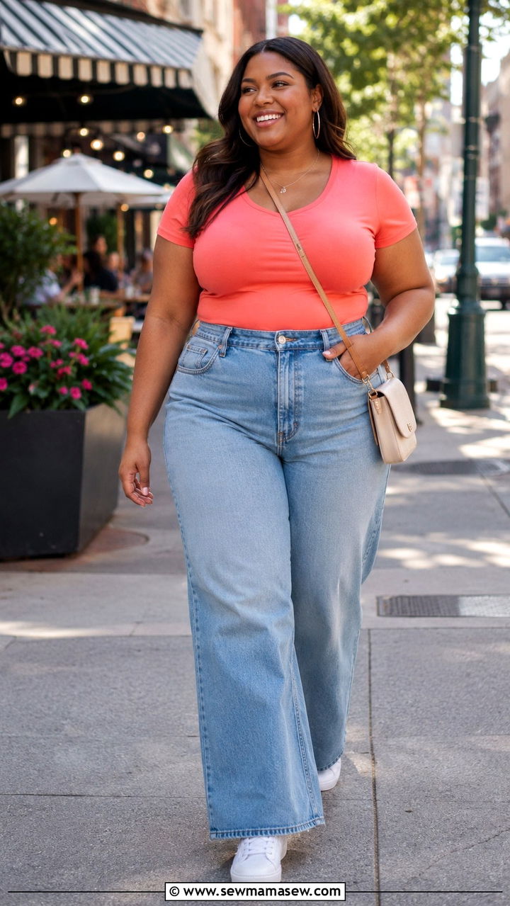 High Waisted Wide Leg Jeans with Fitted Tee and White Sneakers - 30 plus size brunch outfit ideas
