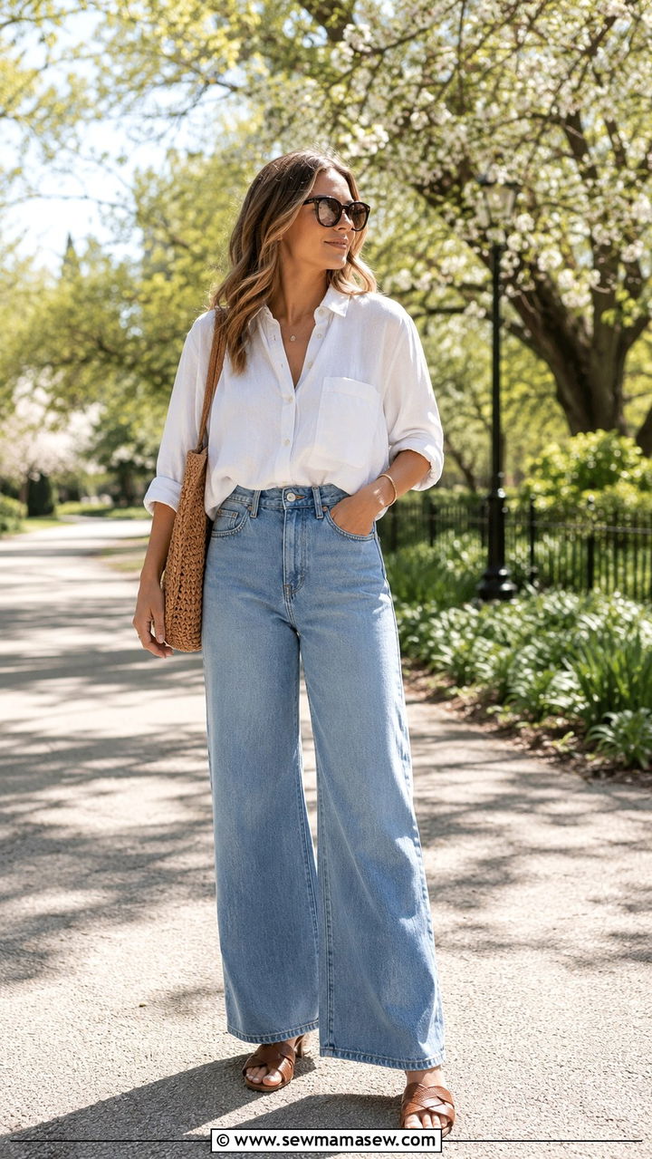 High Waisted Wide Leg Jeans with Linen Button Down - 25 Postpartum outfit ideas 2026