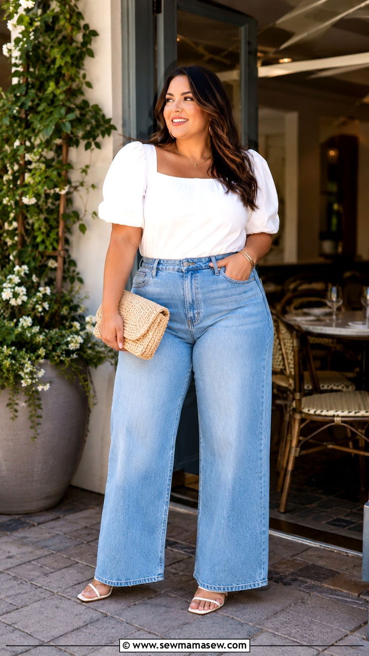 High Waisted Wide Leg Jeans with Puff Sleeve Blouse - 30 Brunch outfit ideas plus size