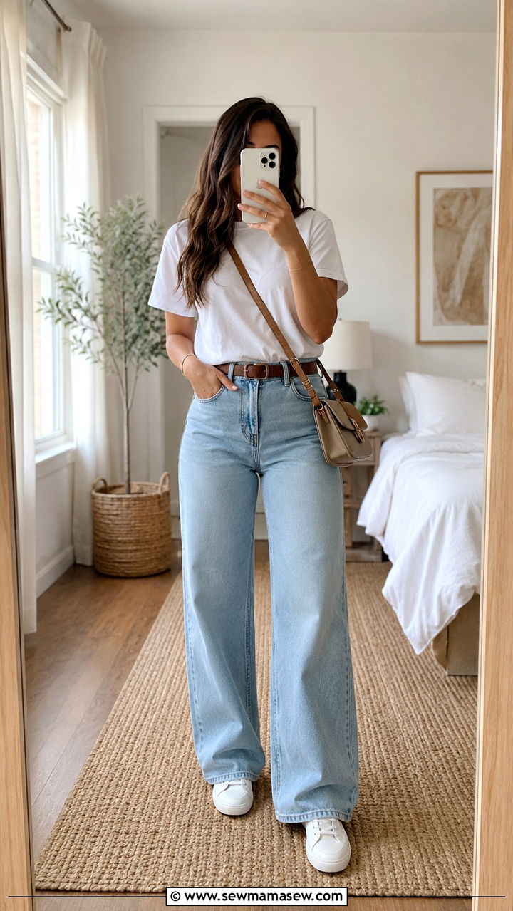 High Waisted Wide Leg Jeans with a Tucked In Tee - 25 Outfit ideas for rectangle body 2026