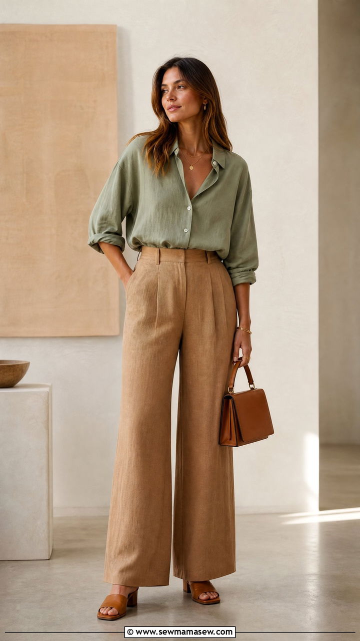 High Waisted Wide Leg Linen Trousers with Loose Blouse - 30 summer modest outfit ideas