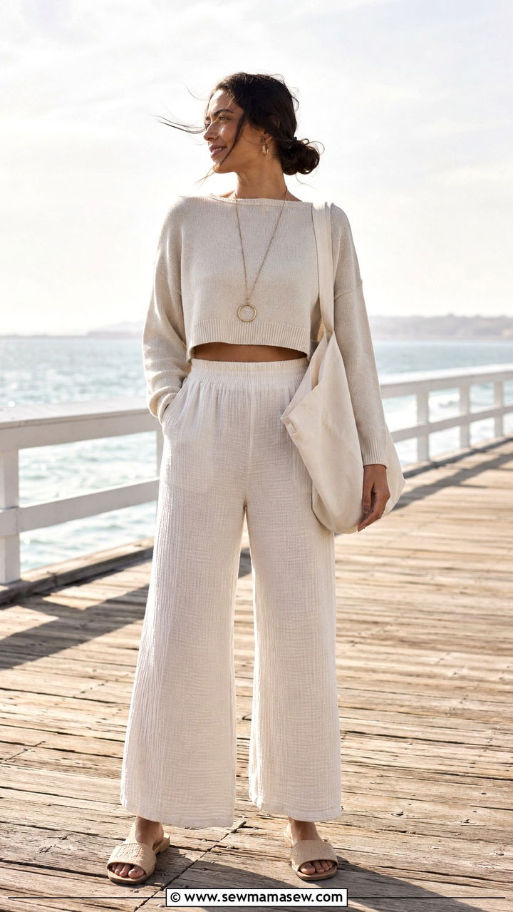 High Waisted Wide Leg Pants With Cropped Sweater - 25 Modest outfit ideas for beach