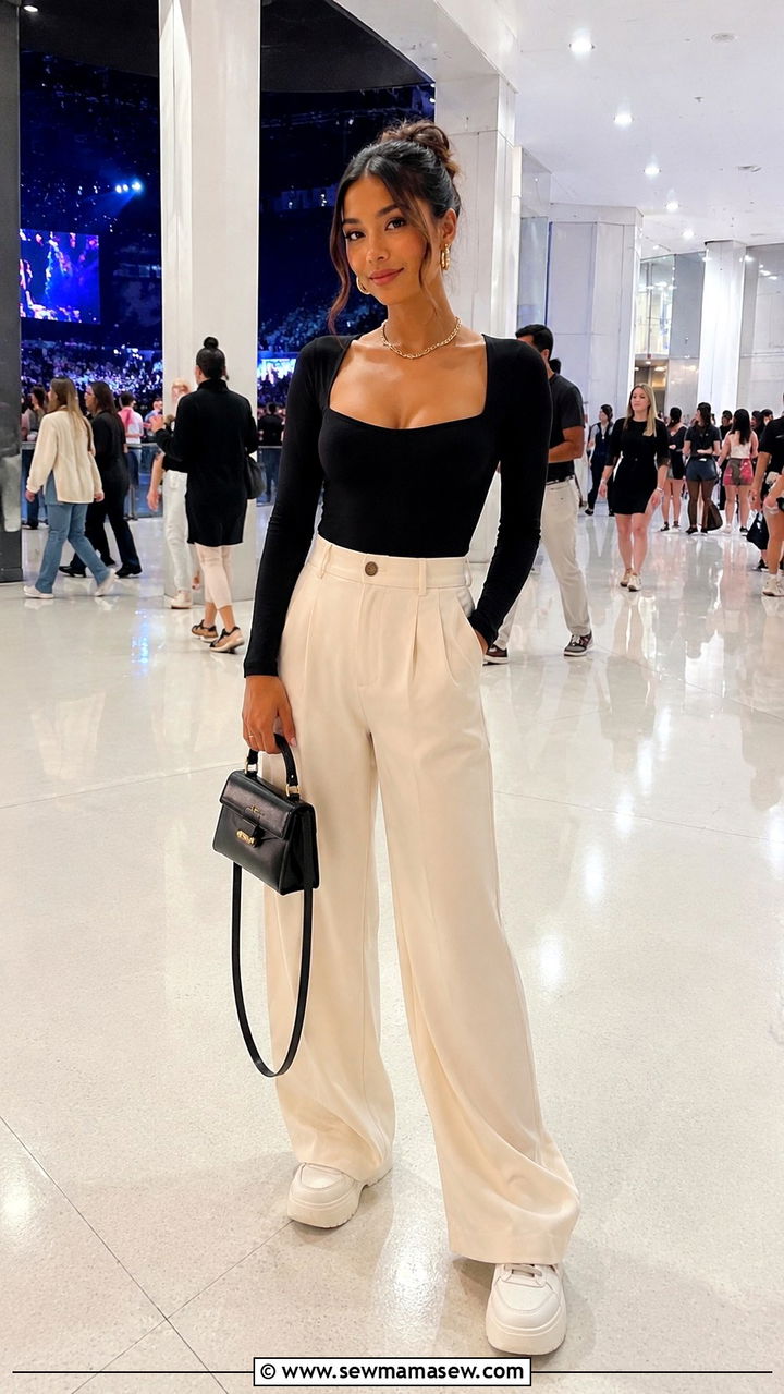 High Waisted Wide Leg Pants With Fitted Bodysuit - 25 Petite outfit ideas for concert