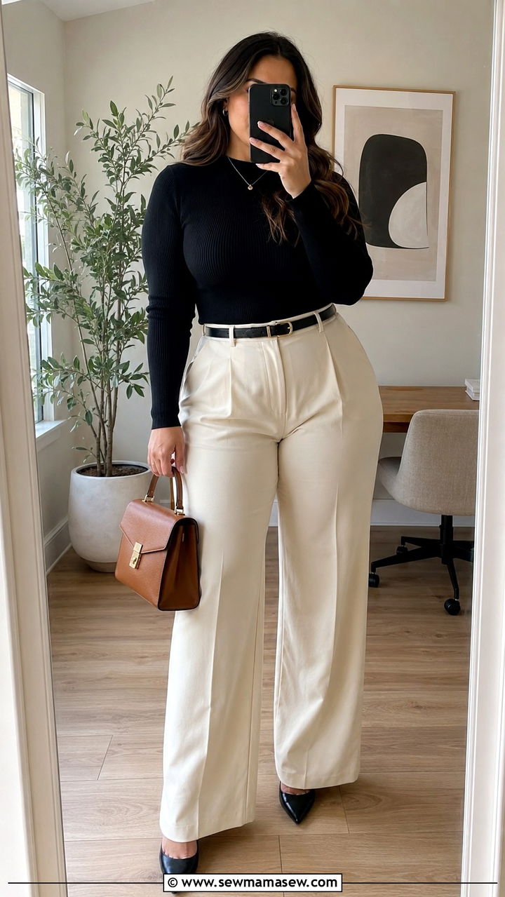 High Waisted Wide Leg Pants With Knit Top - 30 classy outfits for curvy women