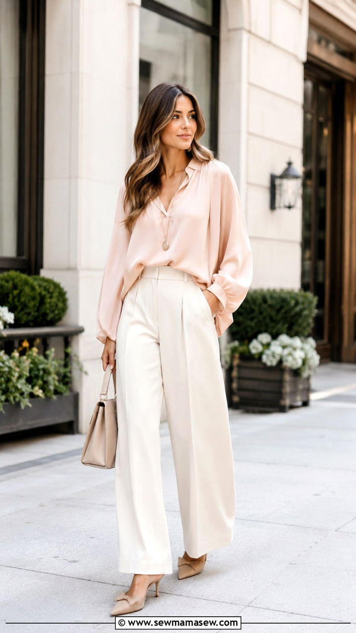 High Waisted Wide Leg Pants With a Flowy Blouse - 20 outfit ideas for women with tummy