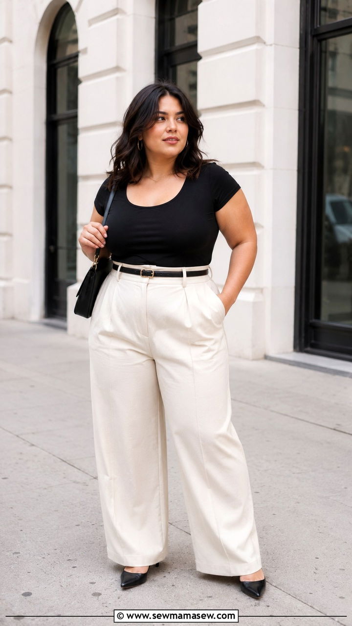 High Waisted Wide Leg Pants with Fitted Top - 20 Petite plus size outfit ideas 20