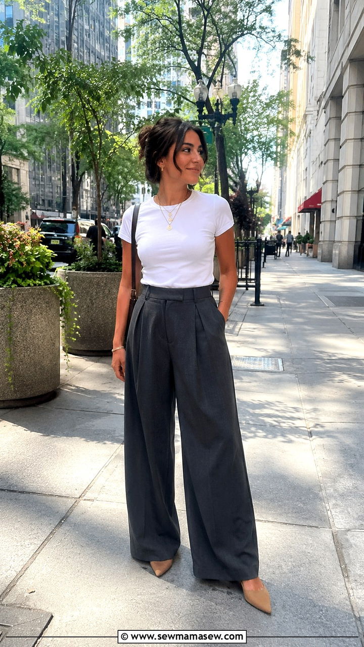 High Waisted Wide Leg Pants with Fitted White Tee - 25 Petite outfit ideas with pear shape