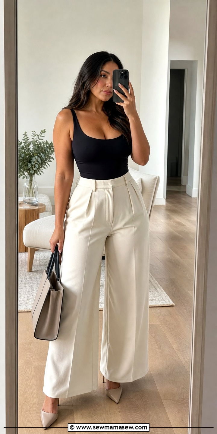 High Waisted Wide Leg Trousers And Fitted Bodysuit - 35 Brunch outfits for curvy women