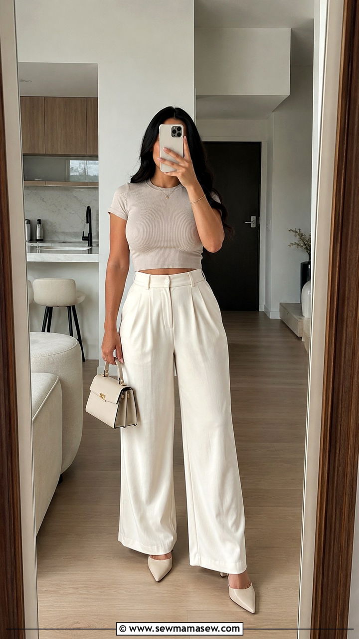 High Waisted Wide Leg Trousers And Fitted Crop Top Outfit - 30 Petite curvy outfit ideas