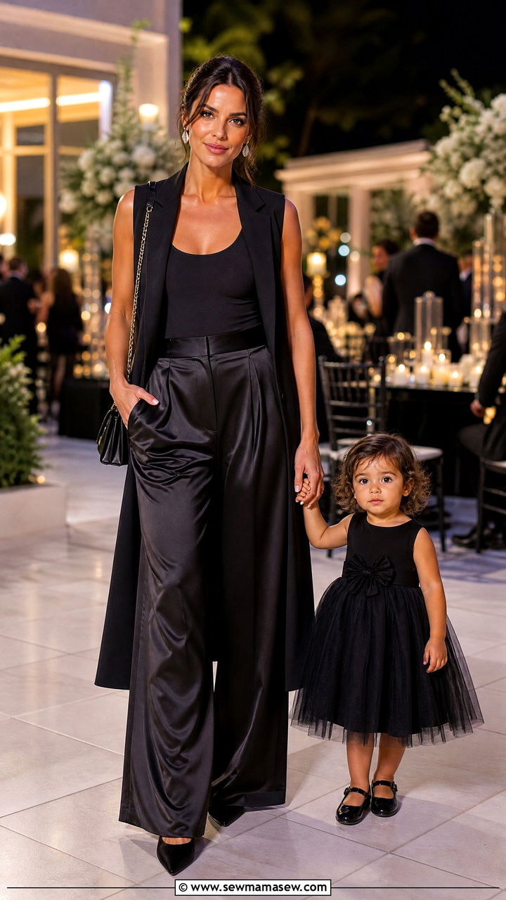High Waisted Wide Leg Trousers With A Bodysuit And Heels - 25 Wedding guest outfit ideas with kids in tow