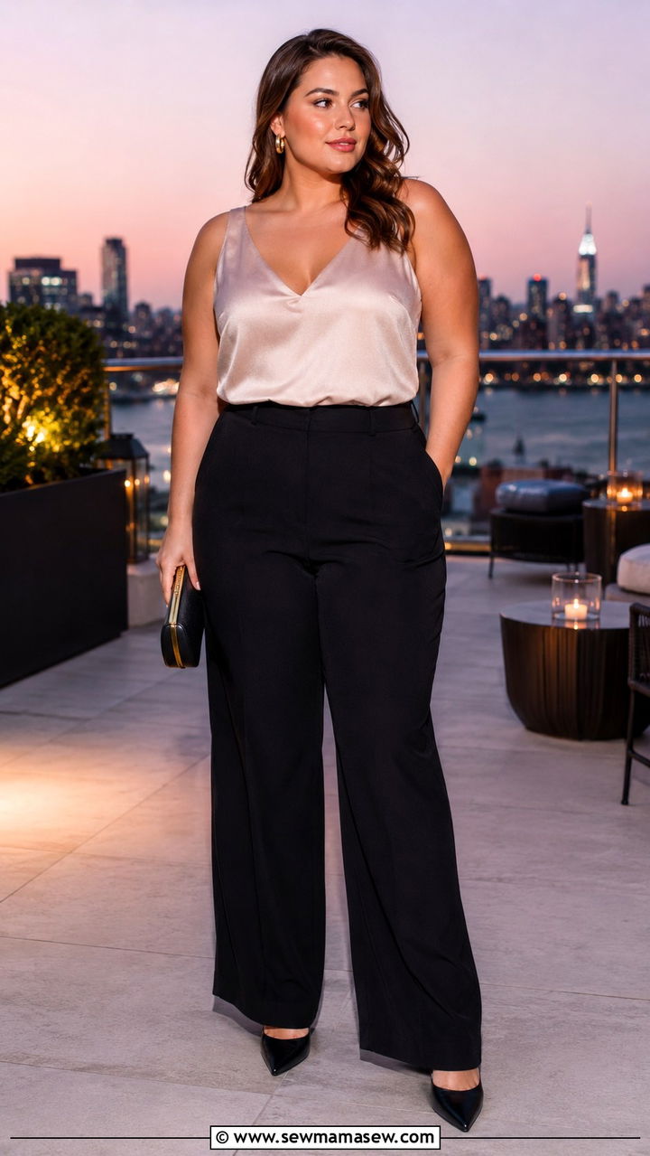 High Waisted Wide Leg Trousers With A Silky Tank And Heels - 30 outfit ideas for apple shaped body