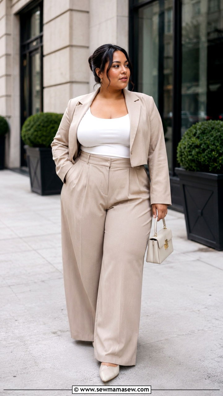 High Waisted Wide Leg Trousers With Cropped Blazer Petite Plus Size - 20 Petite plus size outfit ideas 18