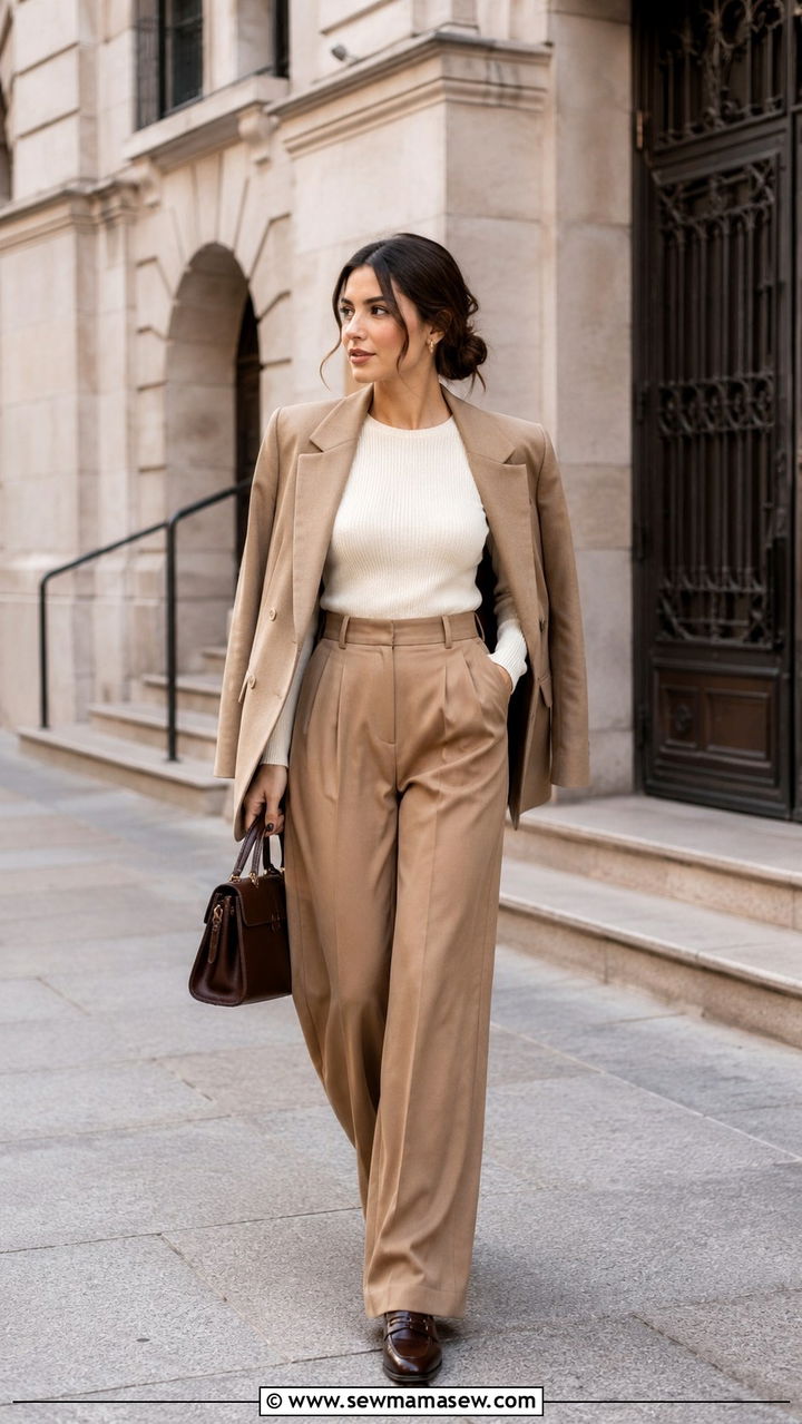 High Waisted Wide Leg Trousers With Fitted Knit Top - 30 Old money outfits for petite women