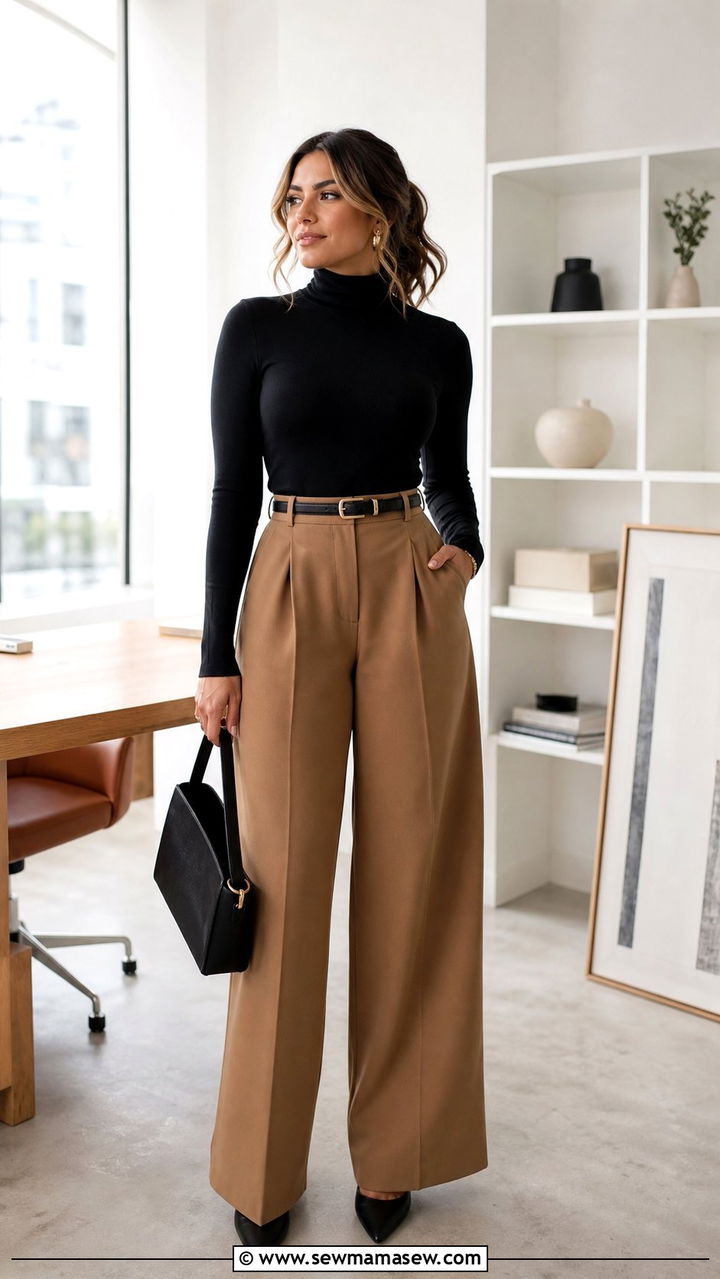 High Waisted Wide Leg Trousers With Fitted Turtleneck - 25 classy outfits for hourglass body