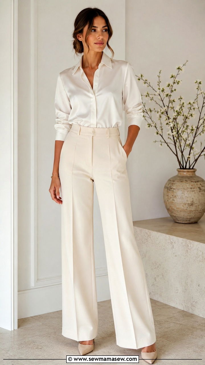 High Waisted Wide Leg Trousers With Tucked In Blouse - 30 Outfit ideas for long torso