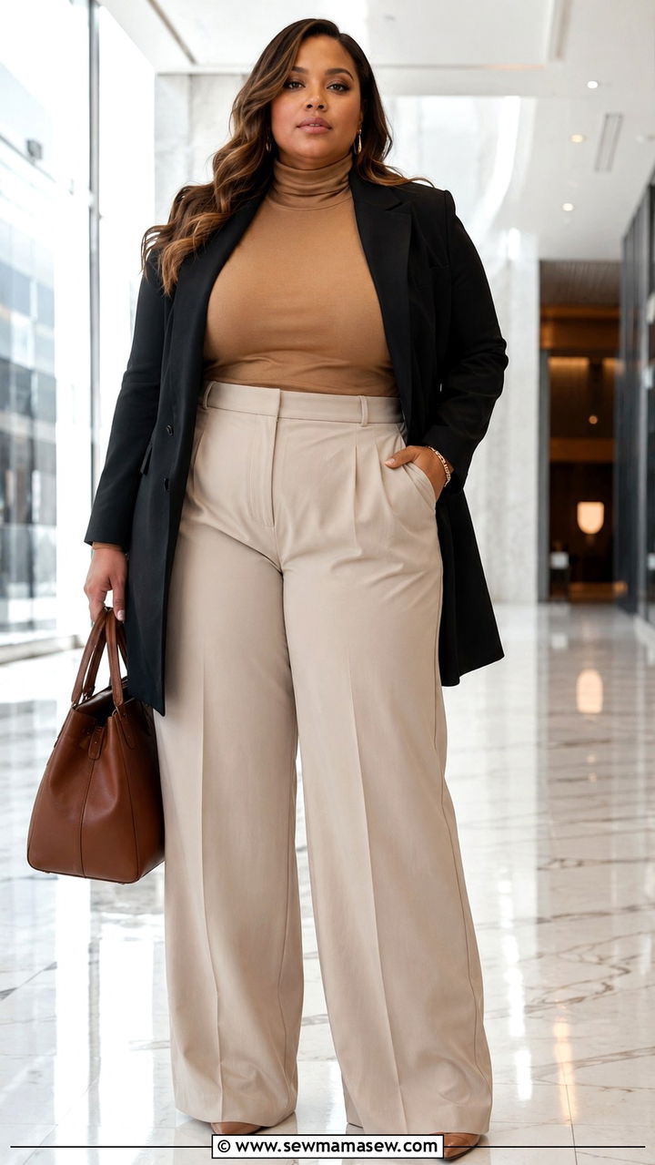 High Waisted Wide Leg Trousers With a Fitted Turtleneck and Blazer - 20 Plus size outfit ideas size 18