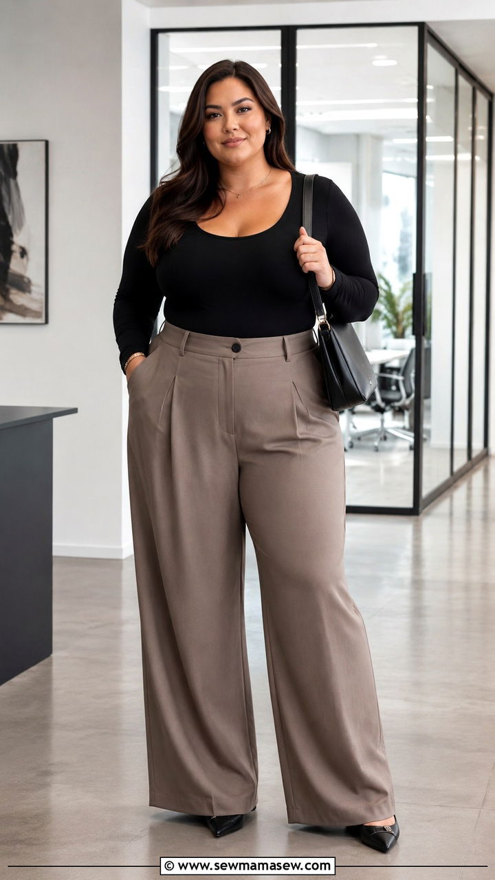 High Waisted Wide Leg Trousers with Fitted Bodysuit - 25 Plus size outfit ideas for 14-16