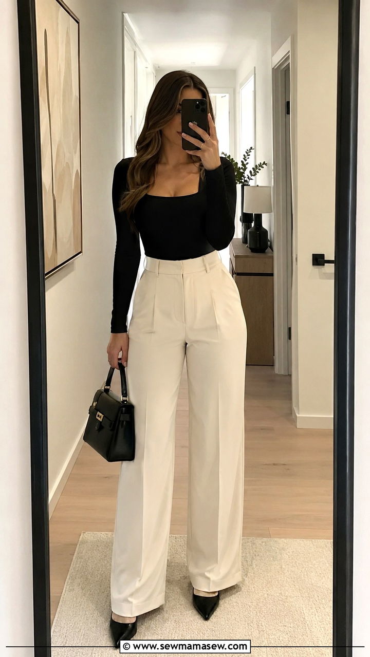 High Waisted Wide Leg Trousers with Fitted Bodysuit - 25 Outfit ideas for size 10 hourglass