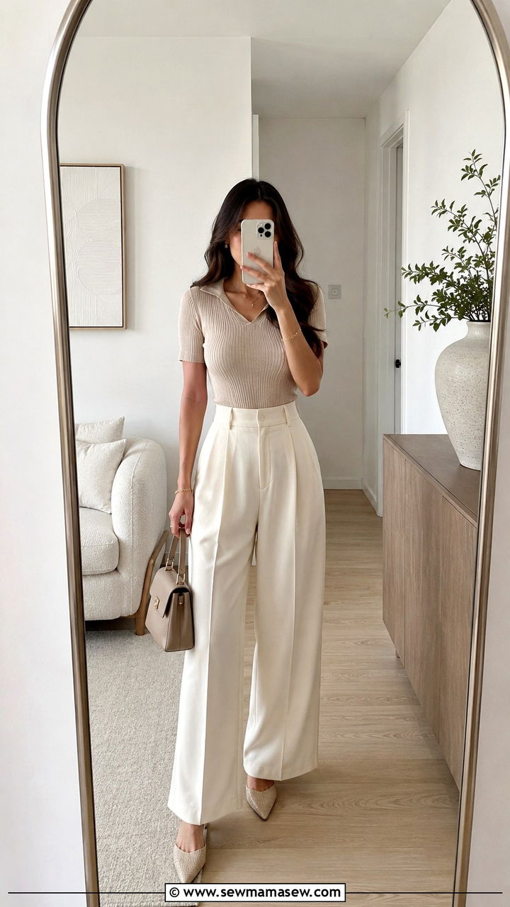 High Waisted Wide Leg Trousers with Fitted Knit Top - 30 Brunch outfit ideas petite