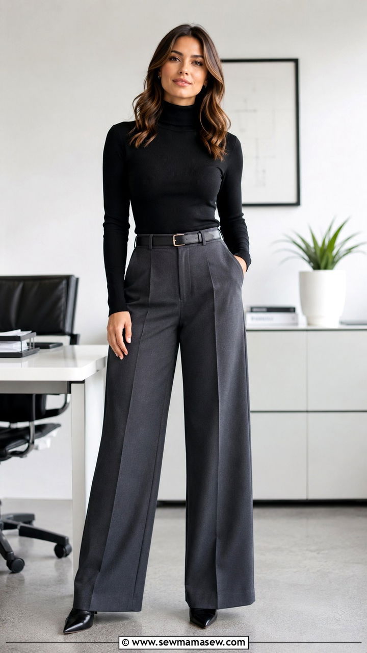 High Waisted Wide Leg Trousers with Fitted Turtleneck - 20 work outfits for women with wide hips