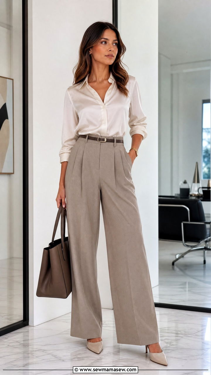 High Waisted Wide Leg Trousers with Tucked Blouse - 25 Outfits for no waist
