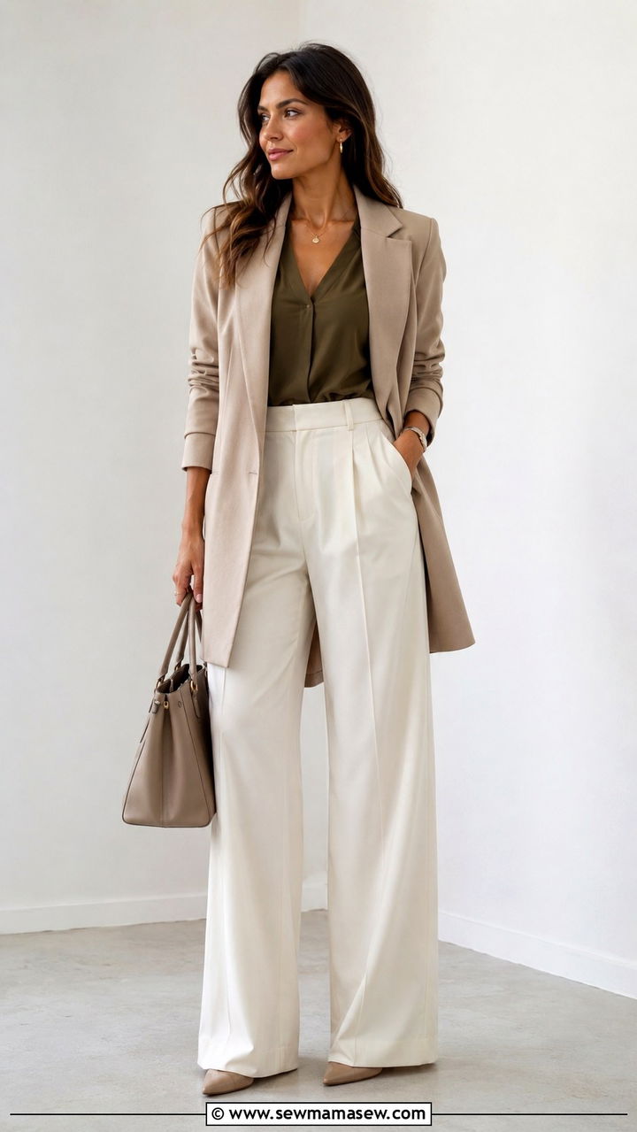 High Waisted Wide Leg Trousers with V Neck Blouse - 25 Outfits that flatter the midsection