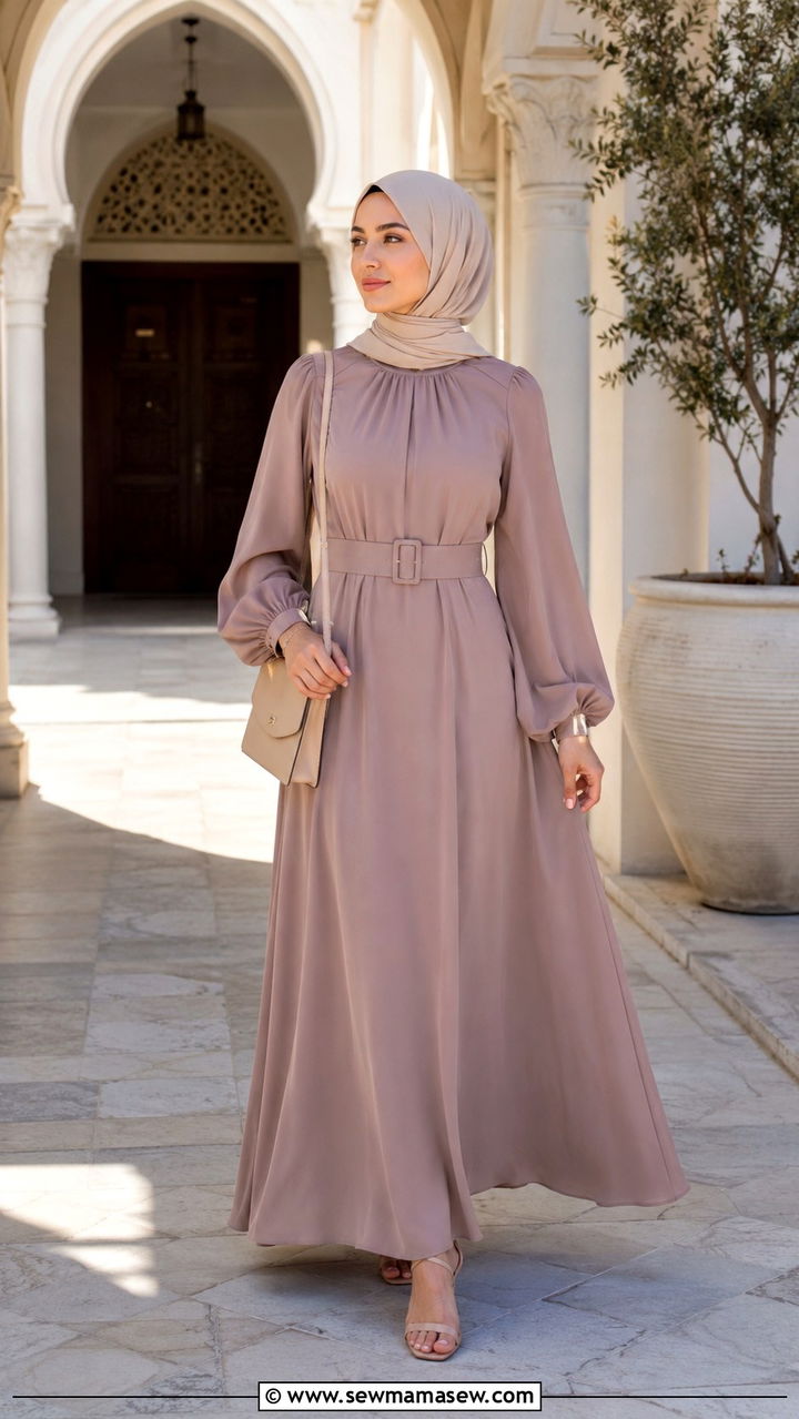 High neck belted maxi dress and heeled sandals - 20 Modest outfit ideas for mosque visit