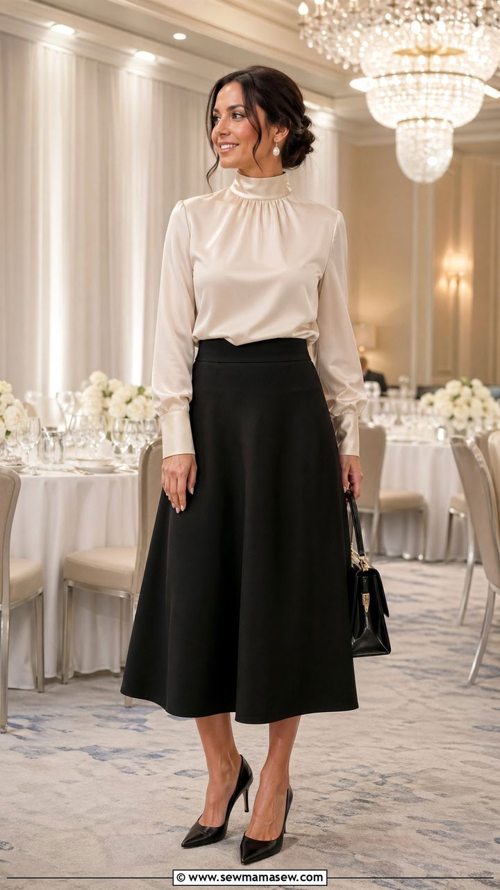 High neck blouse and A line midi skirt outfit - 35 Conference outfit ideas for women