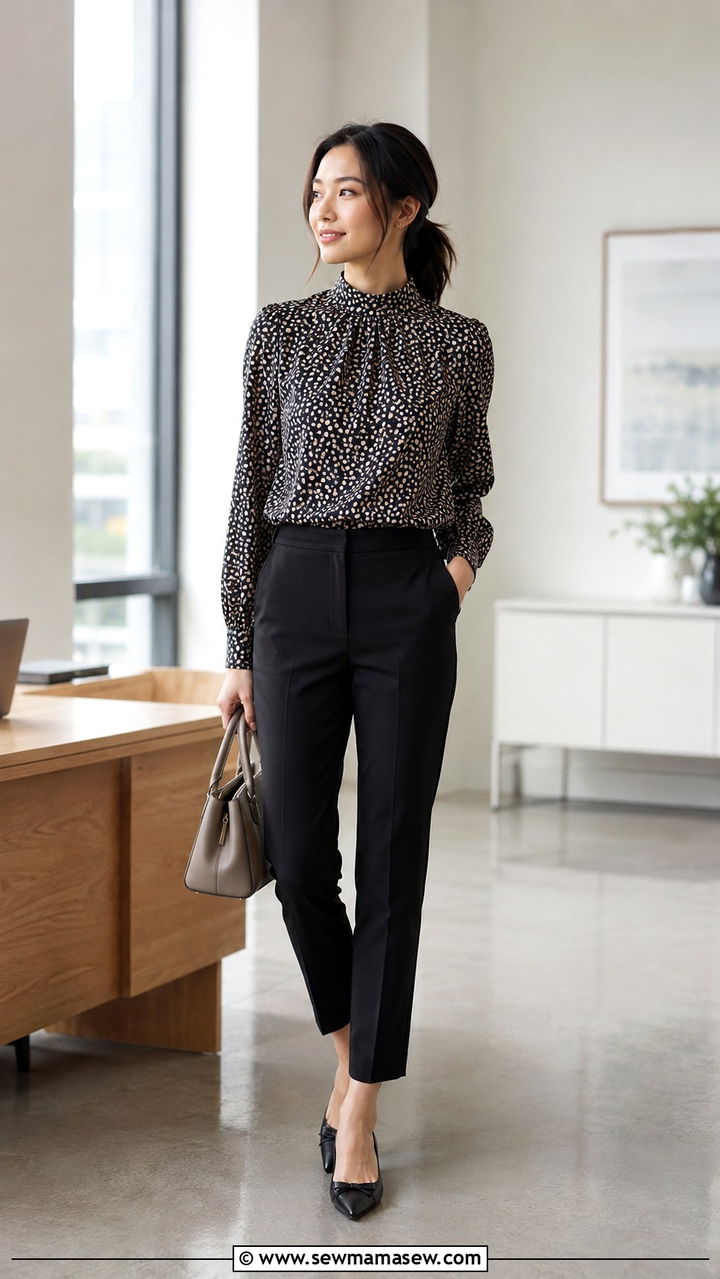 High neck blouse and tapered ankle pants - 30 Petite office outfit ideas
