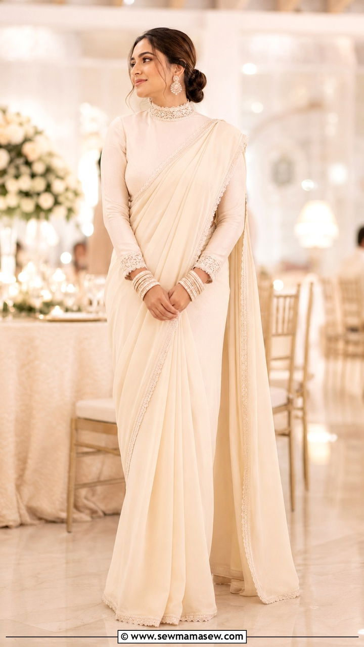 High neck blouse saree with stacked bangles - 20 Modest outfit ideas for India