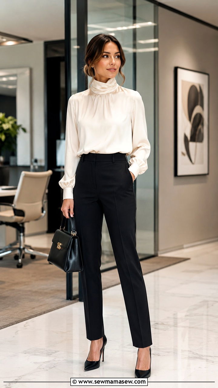 High neck blouse with tailored trousers - 30 Modest wardrobe essentials 2026