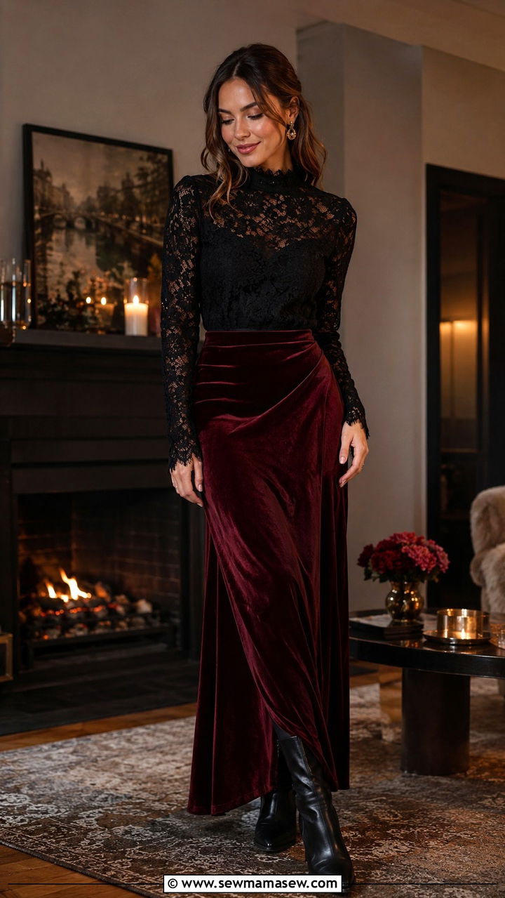 High neck lace blouse with velvet maxi skirt and ankle boots - 25 Opera aesthetic outfit ideas 2026