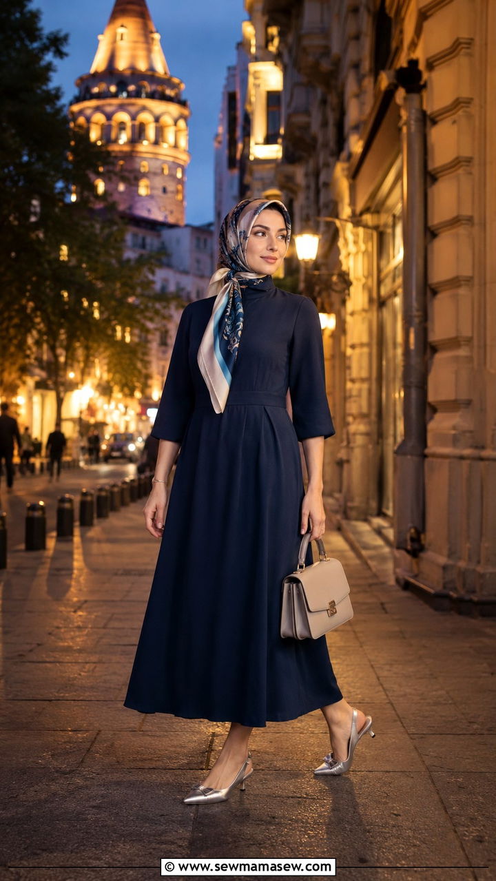 High neck midi dress with structured handbag outfit - 20 Modest outfit ideas for Turkey
