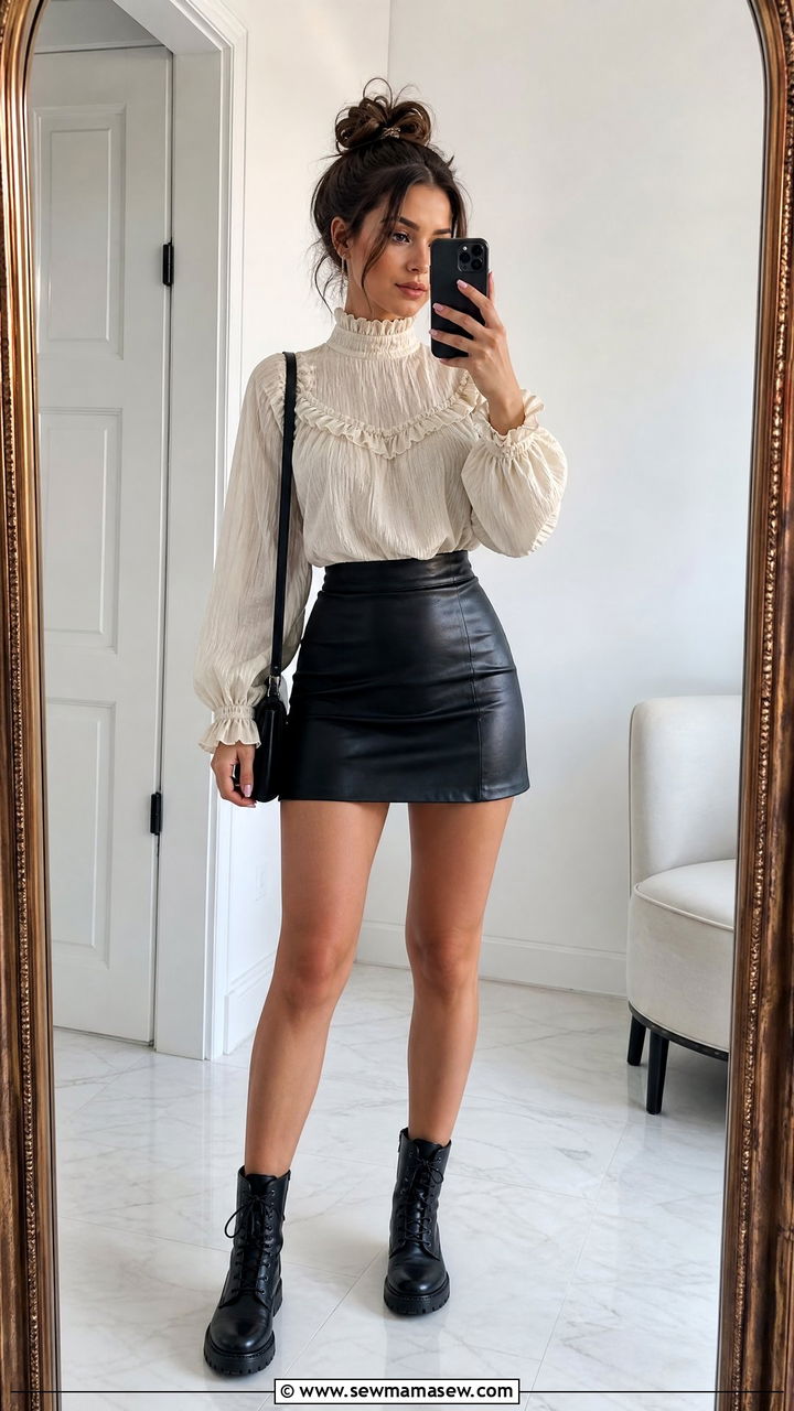 High neck ruffled blouse with a leather mini skirt and combat boots - 25 Petite outfit ideas to avoid